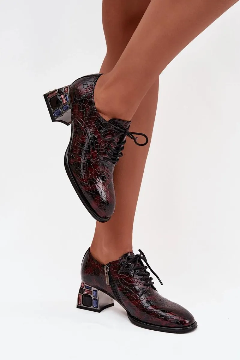 Online Skórzane Lakierowane Półbuty Damskie Na Obcasie Z Kryształkami 57C0073 Bordowe Damskie Półbuty Skórzane