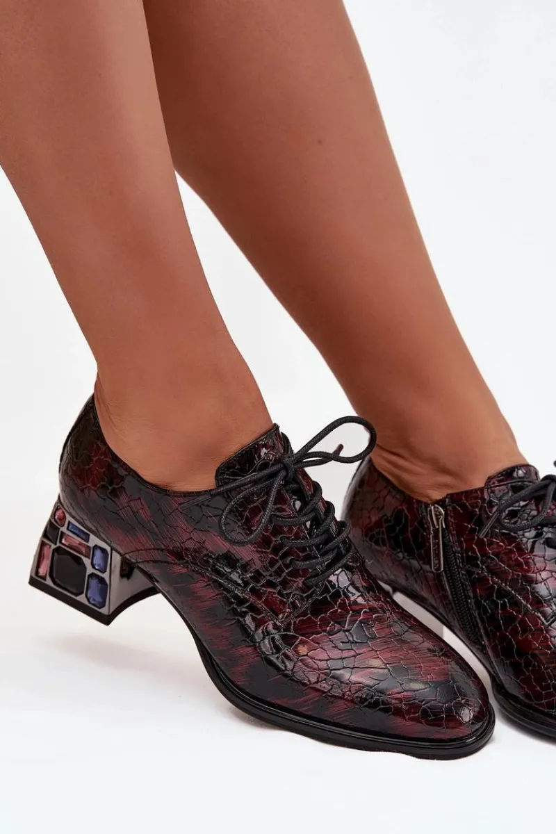 Online Skórzane Lakierowane Półbuty Damskie Na Obcasie Z Kryształkami 57C0073 Bordowe Damskie Półbuty Skórzane