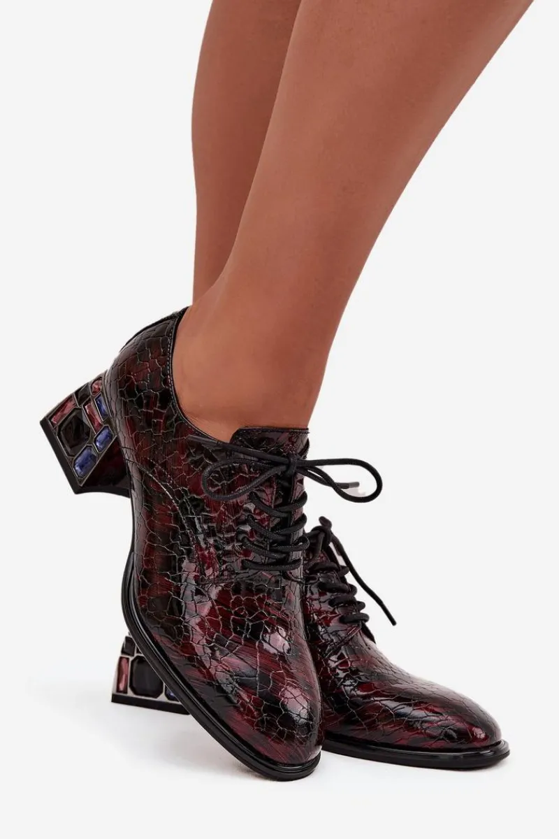 Online Skórzane Lakierowane Półbuty Damskie Na Obcasie Z Kryształkami 57C0073 Bordowe Damskie Półbuty Skórzane