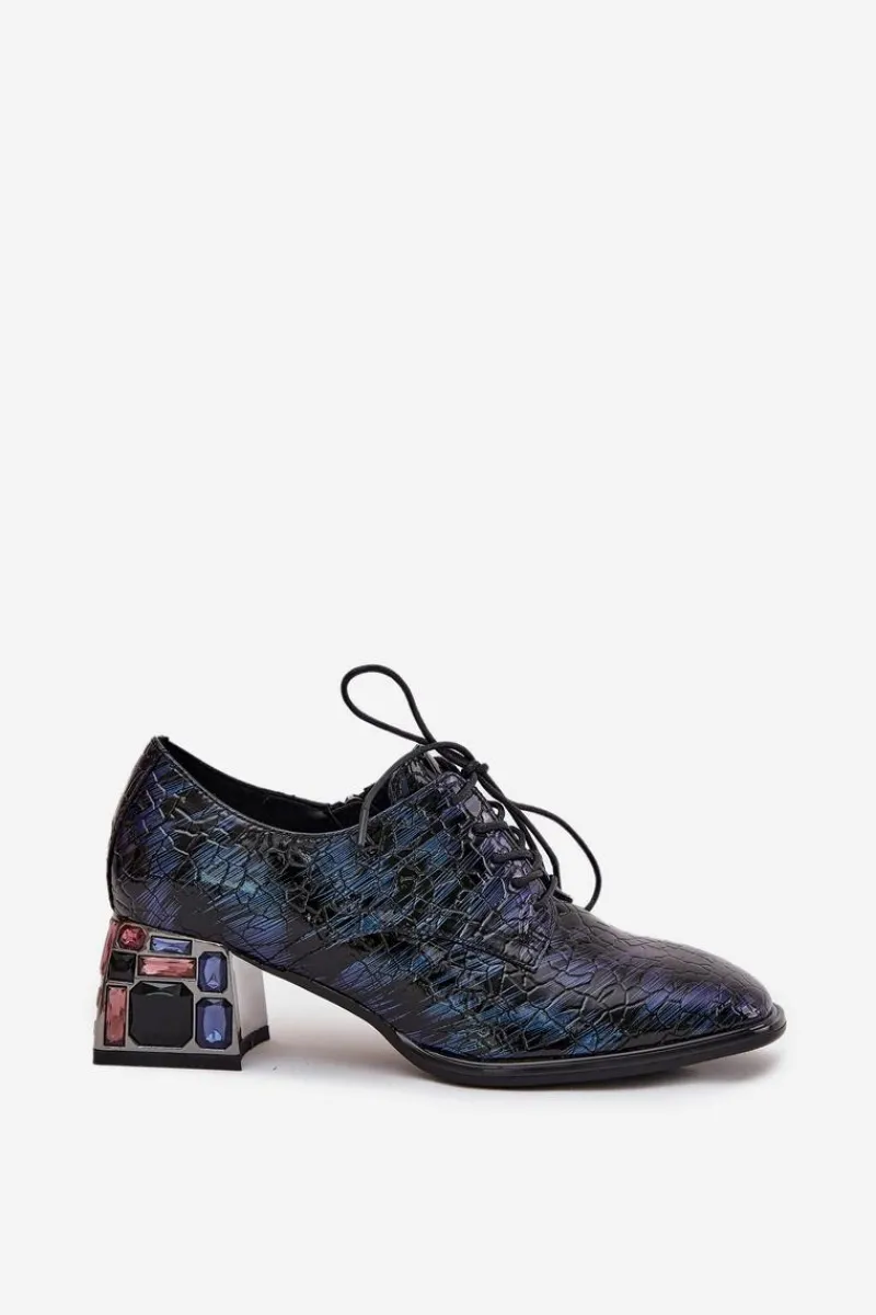 Discount Skórzane Lakierowane Półbuty Damskie Na Obcasie Z Kryształkami 55C0428 Granatowe Damskie Półbuty Skórzane