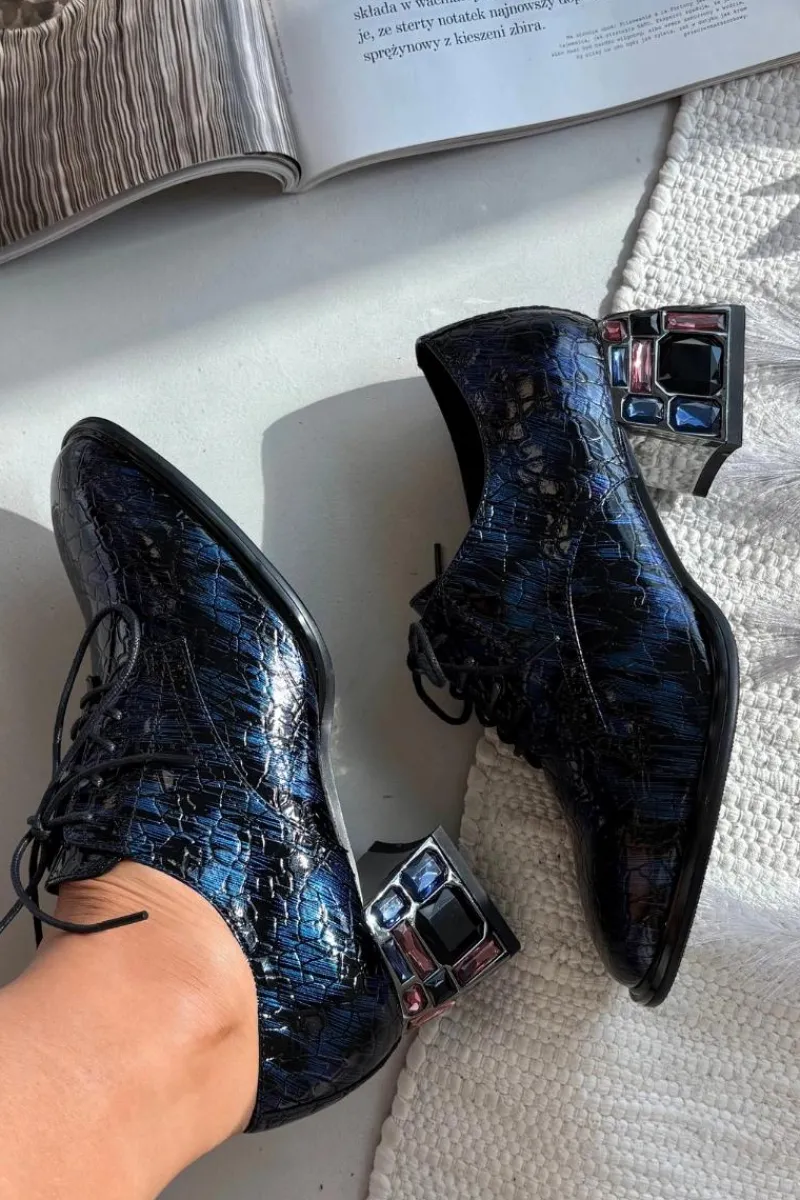 Discount Skórzane Lakierowane Półbuty Damskie Na Obcasie Z Kryształkami 55C0428 Granatowe Damskie Półbuty Skórzane