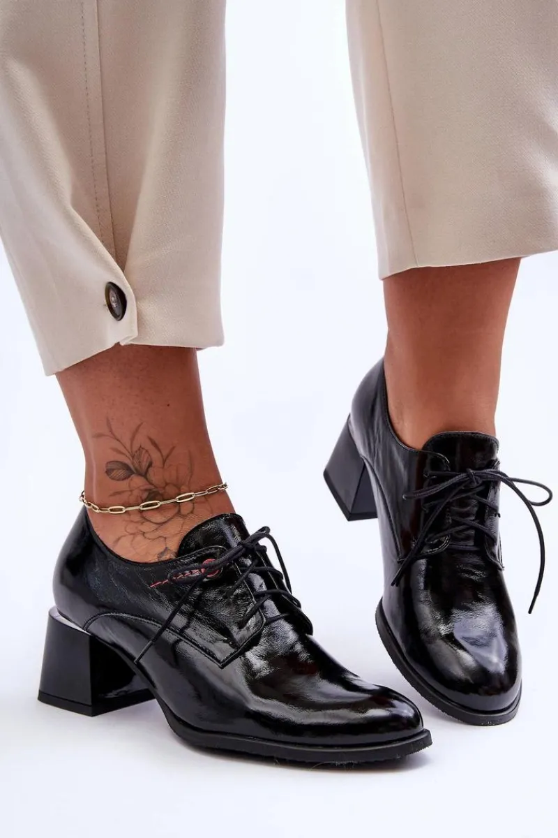 Skórzane Lakierowane Półbuty Damskie Na Obcasie Czarne Keria Damskie Półbuty Skórzane