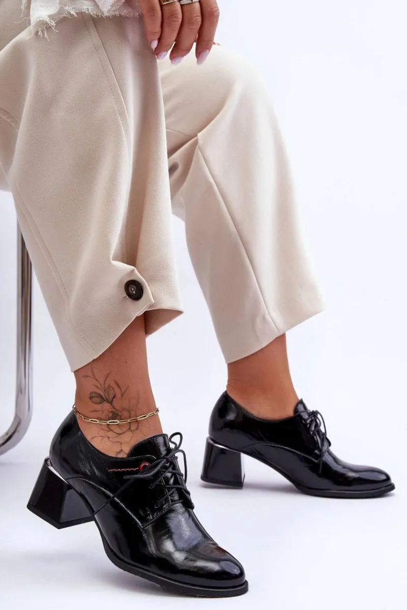 Skórzane Lakierowane Półbuty Damskie Na Obcasie Czarne Keria Damskie Półbuty Skórzane