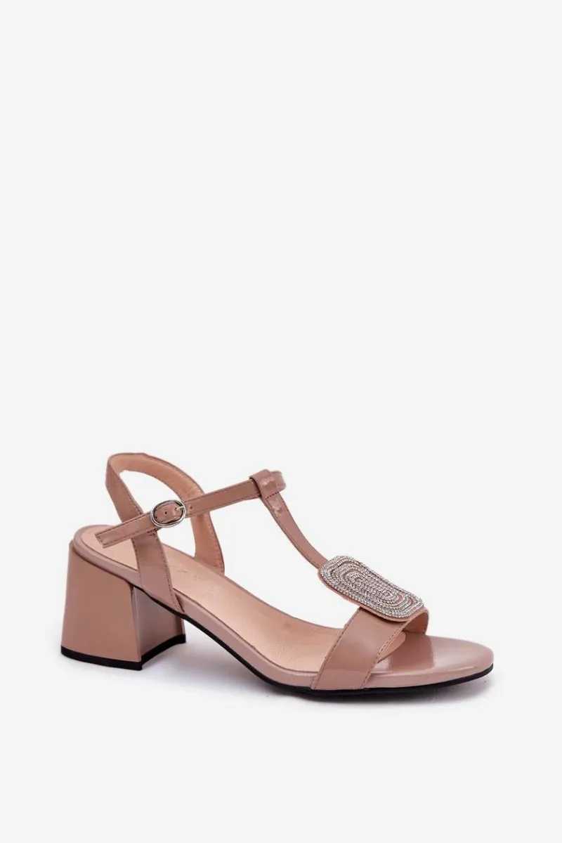Discount Skórzane Lakierowane Sandały Damskie Na Słupku Z Ozdobą Vinceza 91134 Beżowe Damskie Sandały Na Słupku|Sandały Na Obcasie