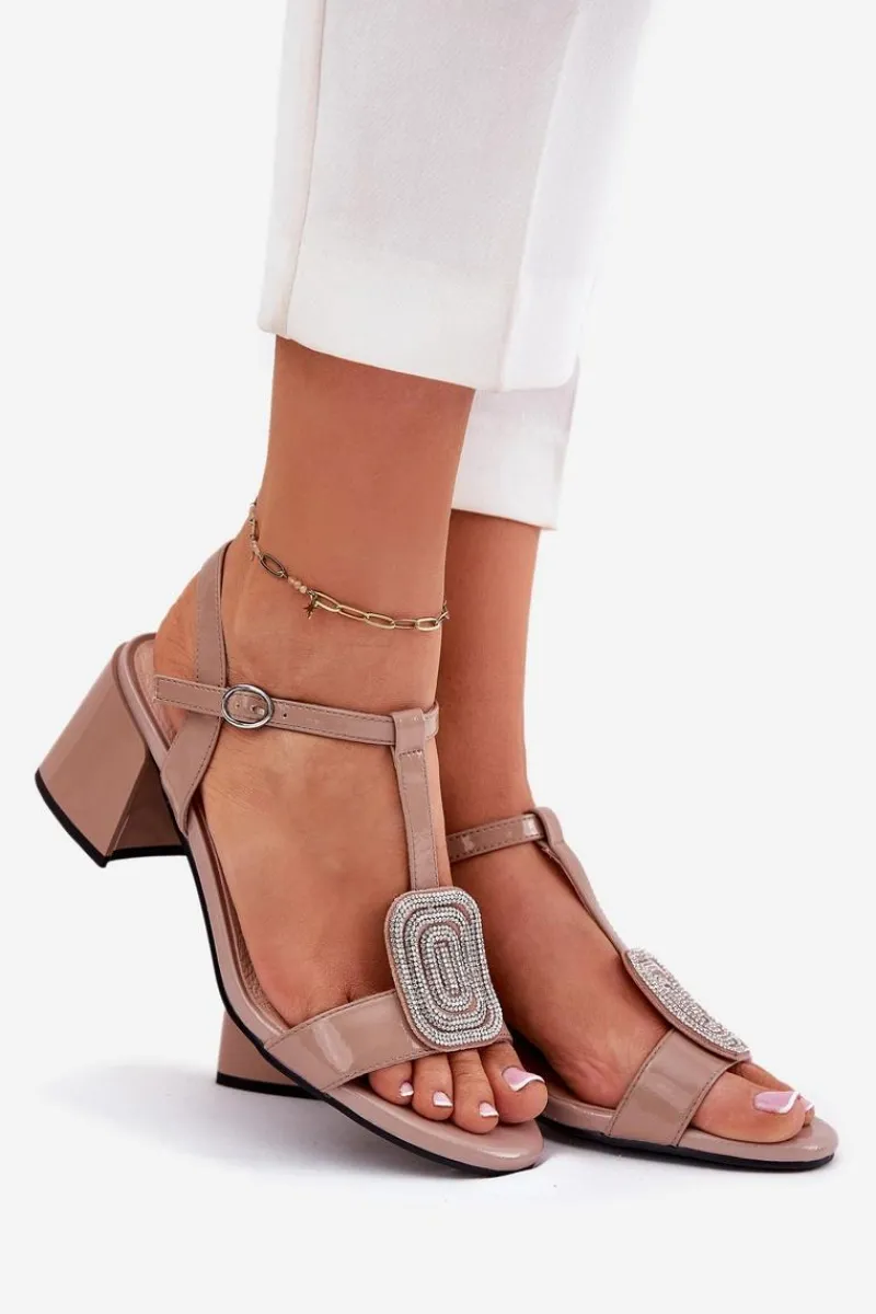 Discount Skórzane Lakierowane Sandały Damskie Na Słupku Z Ozdobą Vinceza 91134 Beżowe Damskie Sandały Na Słupku|Sandały Na Obcasie
