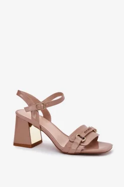 Outlet Evento Skórzane Lakierowane Sandały Damskie Na Słupku Beżowe Mevonelle Beżowy