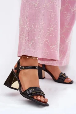 New Skórzane Lakierowane Sandały Damskie Na Słupku Czarne Mevonelle Damskie Sandały Na Słupku|Sandały Na Obcasie