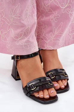 New Skórzane Lakierowane Sandały Damskie Na Słupku Czarne Mevonelle Damskie Sandały Na Słupku|Sandały Na Obcasie