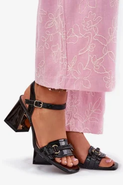 New Skórzane Lakierowane Sandały Damskie Na Słupku Czarne Mevonelle Damskie Sandały Na Słupku|Sandały Na Obcasie