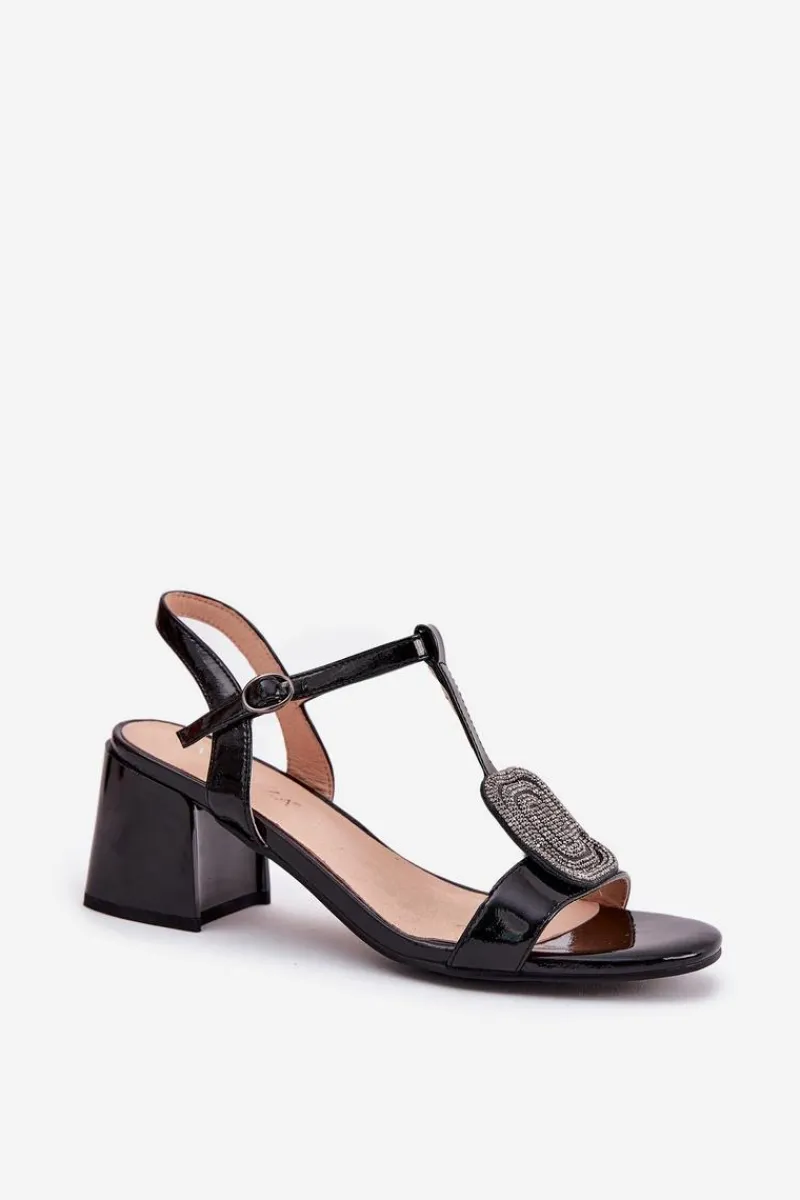 Sandały Na Słupku|Sandały Na Obcasie>Buty damskie Vinceza Skórzane Lakierowane Sandały Damskie Na Słupku Z Ozdobą Vinceza 91134 Czarne Czarny