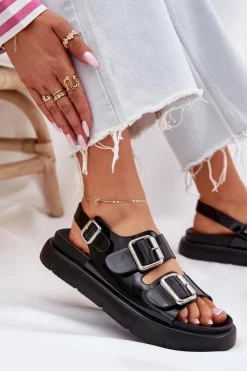 Discount Skórzane Lakierowane Sandały Damskie Z Klamrami Big Star RR274662 Czarne Damskie Sandały Big Star|Sandały Płaskie