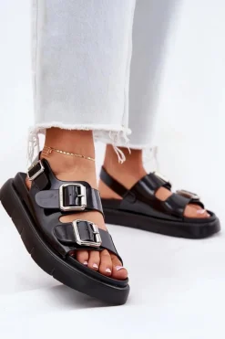 Discount Skórzane Lakierowane Sandały Damskie Z Klamrami Big Star RR274662 Czarne Damskie Sandały Big Star|Sandały Płaskie