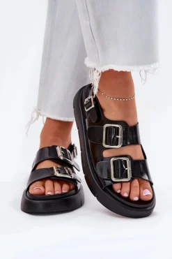 Discount Skórzane Lakierowane Sandały Damskie Z Klamrami Big Star RR274662 Czarne Damskie Sandały Big Star|Sandały Płaskie