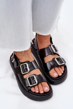 Discount Skórzane Lakierowane Sandały Damskie Z Klamrami Big Star RR274662 Czarne Damskie Sandały Big Star|Sandały Płaskie