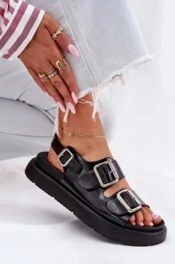 Discount Skórzane Lakierowane Sandały Damskie Z Klamrami Big Star RR274662 Czarne Damskie Sandały Big Star|Sandały Płaskie