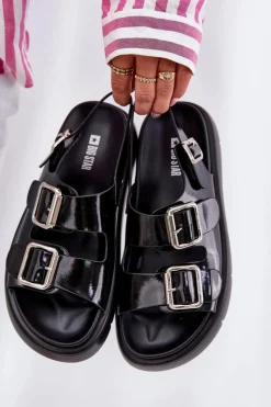 Discount Skórzane Lakierowane Sandały Damskie Z Klamrami Big Star RR274662 Czarne Damskie Sandały Big Star|Sandały Płaskie