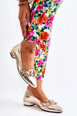 Clearance Boto Skórzane Lakierowane Wężowe Czółenka Złote Elissabeth