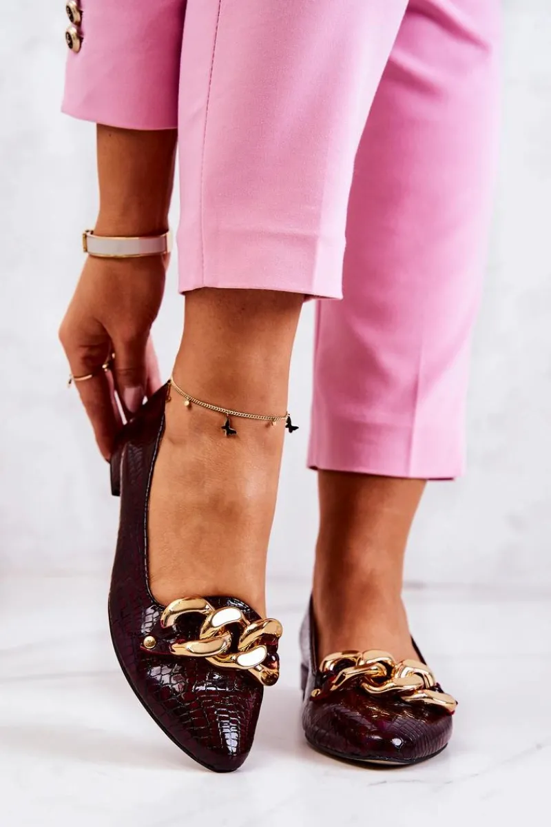 Czółenka Na Słupku|Czółenka Klasyczne>Boto Skórzane Lakierowane Wężowe Czółenka Bordowe Elissabeth Czerwony