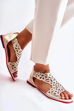 Online Skórzane Lekkie Ażurowe Sandały Złote Alima Damskie Sandały Ażurowe|Sandały Na Koturnie