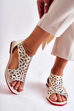 Online Skórzane Lekkie Ażurowe Sandały Złote Alima Damskie Sandały Ażurowe|Sandały Na Koturnie