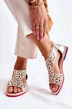 Online Skórzane Lekkie Ażurowe Sandały Złote Alima Damskie Sandały Ażurowe|Sandały Na Koturnie