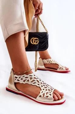 Online Skórzane Lekkie Ażurowe Sandały Złote Alima Damskie Sandały Ażurowe|Sandały Na Koturnie