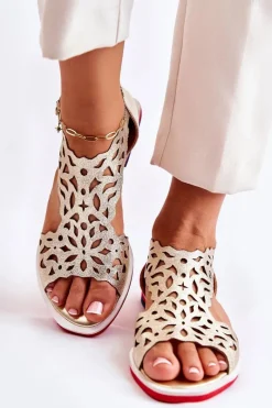 Online Skórzane Lekkie Ażurowe Sandały Złote Alima Damskie Sandały Ażurowe|Sandały Na Koturnie