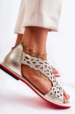 Online Skórzane Lekkie Ażurowe Sandały Złote Alima Damskie Sandały Ażurowe|Sandały Na Koturnie