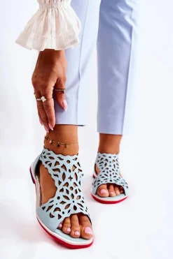 Sandały Ażurowe|Sandały Na Koturnie>Boto Skórzane Lekkie Ażurowe Sandały Jasnoniebieskie Alima