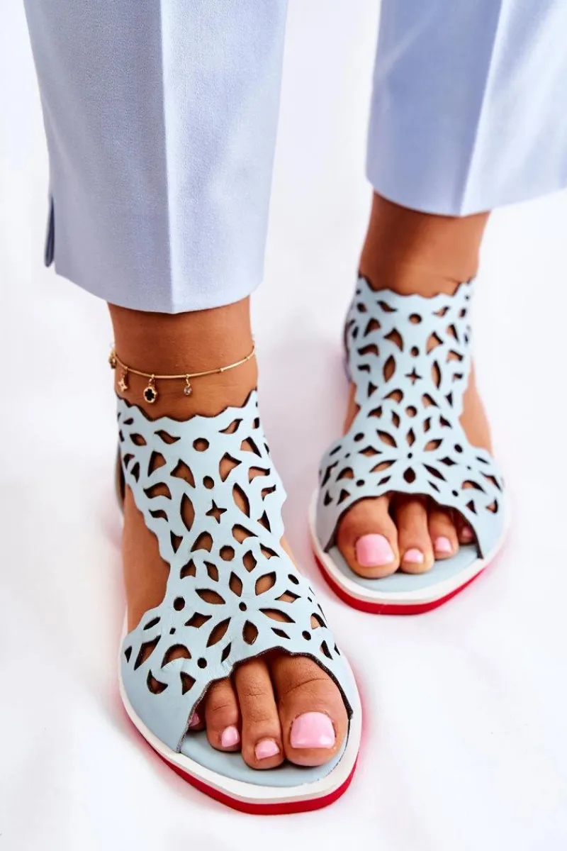 Sandały Ażurowe|Sandały Na Koturnie>Boto Skórzane Lekkie Ażurowe Sandały Jasnoniebieskie Alima