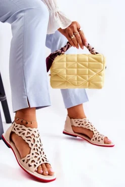 Hot Skórzane Lekkie Ażurowe Sandały Beżowe Alima Damskie Sandały Ażurowe|Sandały Na Koturnie