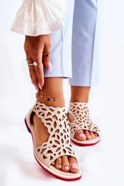 Hot Skórzane Lekkie Ażurowe Sandały Beżowe Alima Damskie Sandały Ażurowe|Sandały Na Koturnie