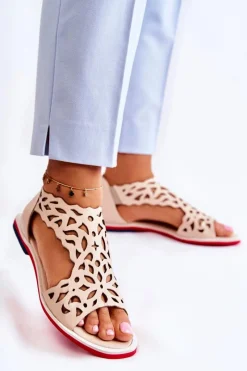 Hot Skórzane Lekkie Ażurowe Sandały Beżowe Alima Damskie Sandały Ażurowe|Sandały Na Koturnie