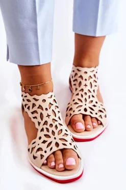 Hot Skórzane Lekkie Ażurowe Sandały Beżowe Alima Damskie Sandały Ażurowe|Sandały Na Koturnie