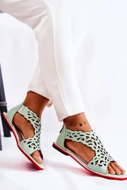 Hot Boto Skórzane Lekkie Ażurowe Sandały Zielone Alima