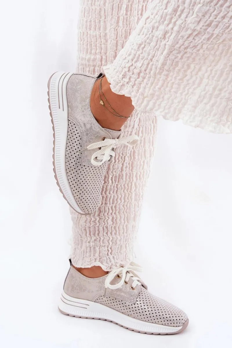 Online Artiker Skórzane Lekkie Półbuty Damskie Na Platformie 56C2113 Beżowo-Złote