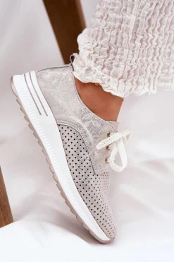 Online Artiker Skórzane Lekkie Półbuty Damskie Na Platformie 56C2113 Beżowo-Złote