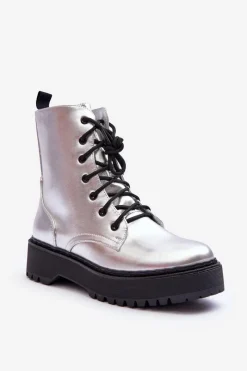 Sale Skórzane Metaliczne Botki Workery Srebrne Teflorna Damskie Botki Sznurowane|Brązowe I Beżowe Botki