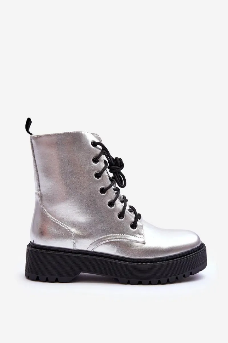 Sale Skórzane Metaliczne Botki Workery Srebrne Teflorna Damskie Botki Sznurowane|Brązowe I Beżowe Botki