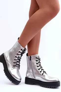 Sale Skórzane Metaliczne Botki Workery Srebrne Teflorna Damskie Botki Sznurowane|Brązowe I Beżowe Botki