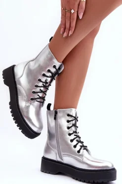 Sale Skórzane Metaliczne Botki Workery Srebrne Teflorna Damskie Botki Sznurowane|Brązowe I Beżowe Botki