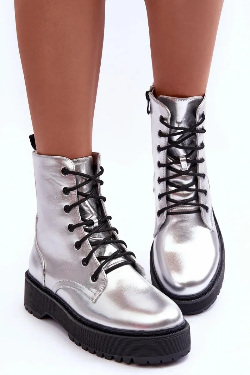 Sale Skórzane Metaliczne Botki Workery Srebrne Teflorna Damskie Botki Sznurowane|Brązowe I Beżowe Botki