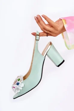 Sandały Na Obcasie|Czółenka Na Słupku>Boto Skórzane Modne Czółenka Sandały Z Ozdobą Zielone Meriss