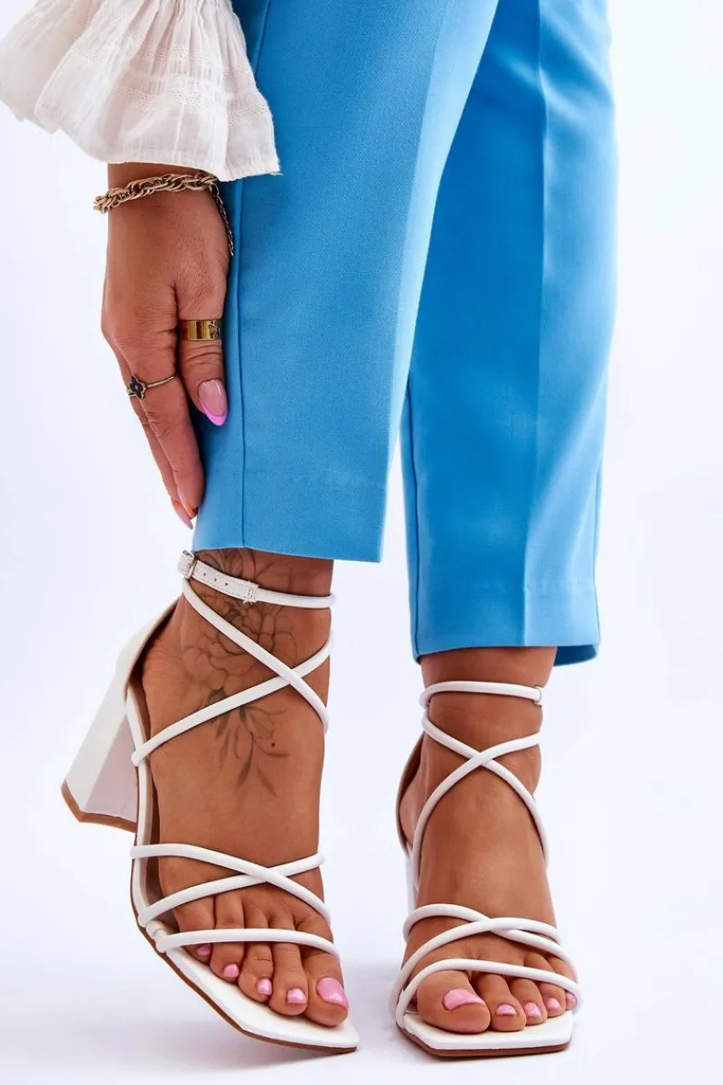 Skórzane Modne Damskie Sandały Na Obcasie Białe Primma Damskie Sandały Na Obcasie