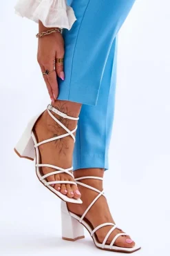 Skórzane Modne Damskie Sandały Na Obcasie Białe Primma Damskie Sandały Na Obcasie