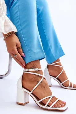Skórzane Modne Damskie Sandały Na Obcasie Białe Primma Damskie Sandały Na Obcasie
