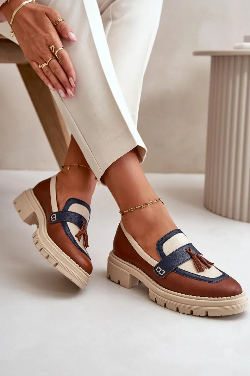 New Laura Messi Skórzane Mokasyny Damskie Brązowe 2835