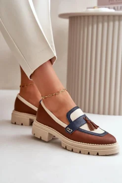 New Laura Messi Skórzane Mokasyny Damskie Brązowe 2835