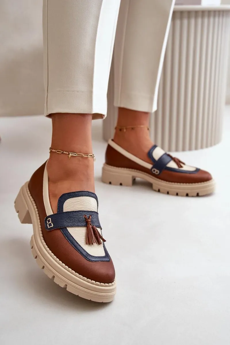 New Laura Messi Skórzane Mokasyny Damskie Brązowe 2835