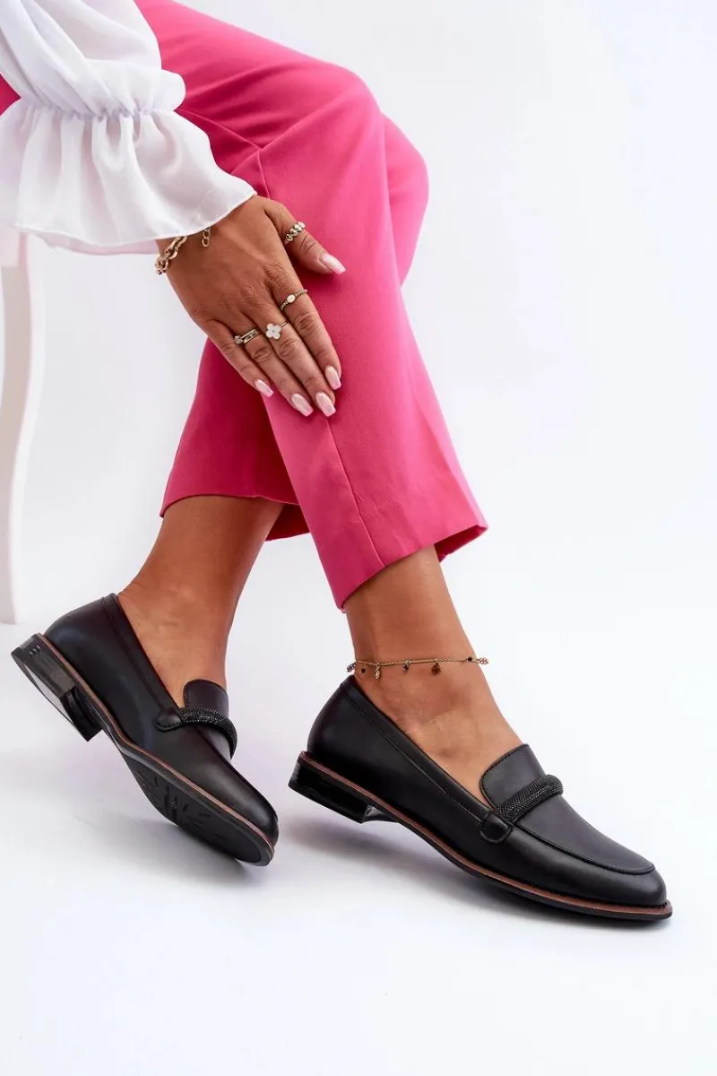 New Buty Sergio Leone Skórzane Mokasyny Damskie Z Ozdobnym Paseczkiem Czarne Saosin